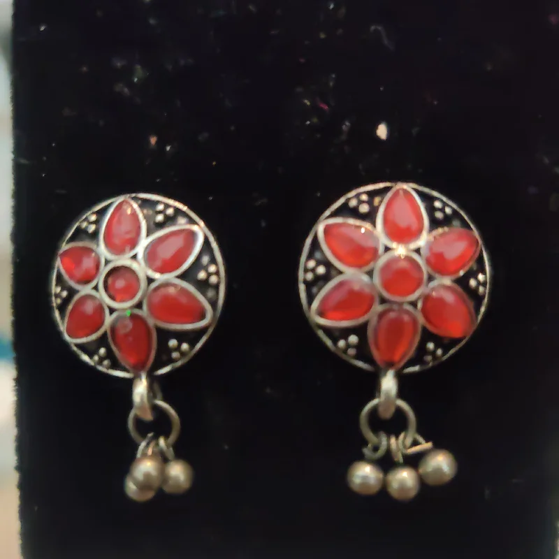 Drop Earrings with Etched Designs -Oxidized Earrings With Red colored beads