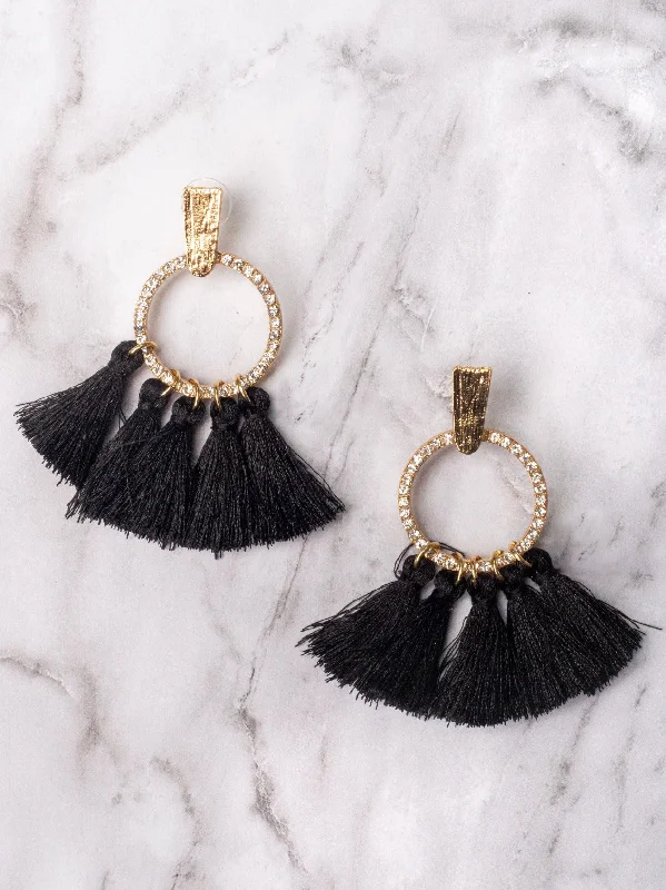 Drop Earrings for Shopping Trip -PARTY IN LA BLINGED CIRCLE STUD WITH BLACK TASSELS