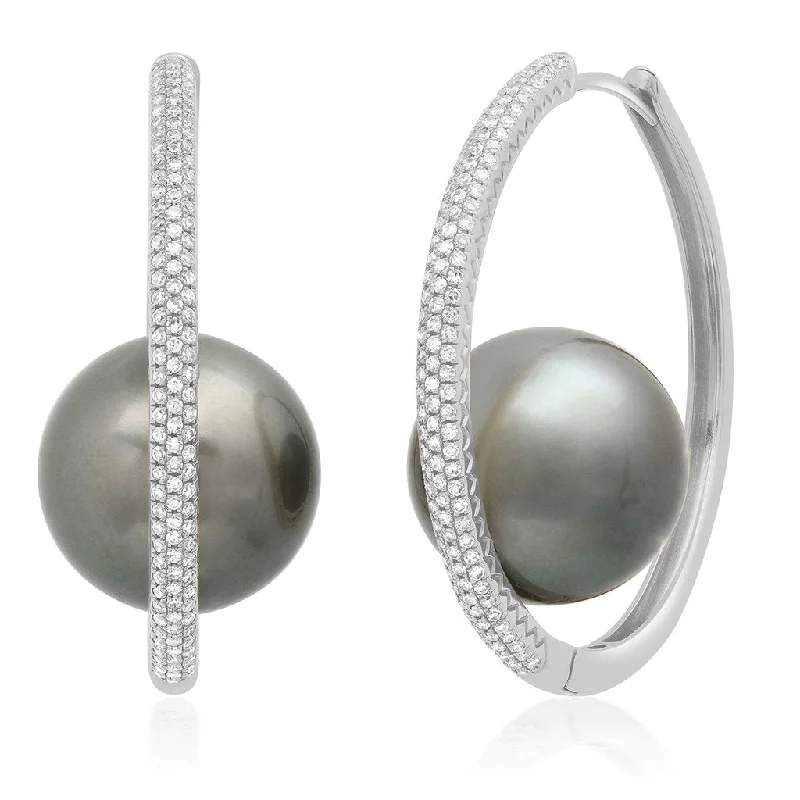 Drop Earrings with Knot Designs -Pave Diamond Large Orbit Hoop Earrings with Tahitian Pearl