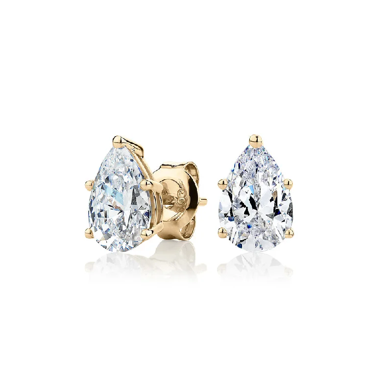 Short Drop Earrings for Subtle -Pear stud earrings with 2 carats* of diamond simulants in 10 carat yellow gold