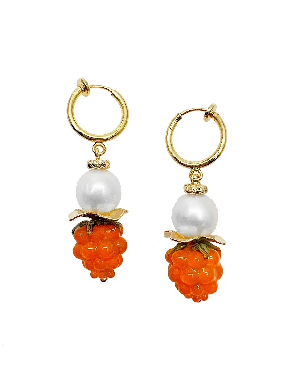 Round Drop Earrings for Classic -Freshwater Pearls with Orange Rasberry Clip-on Earrings JE008