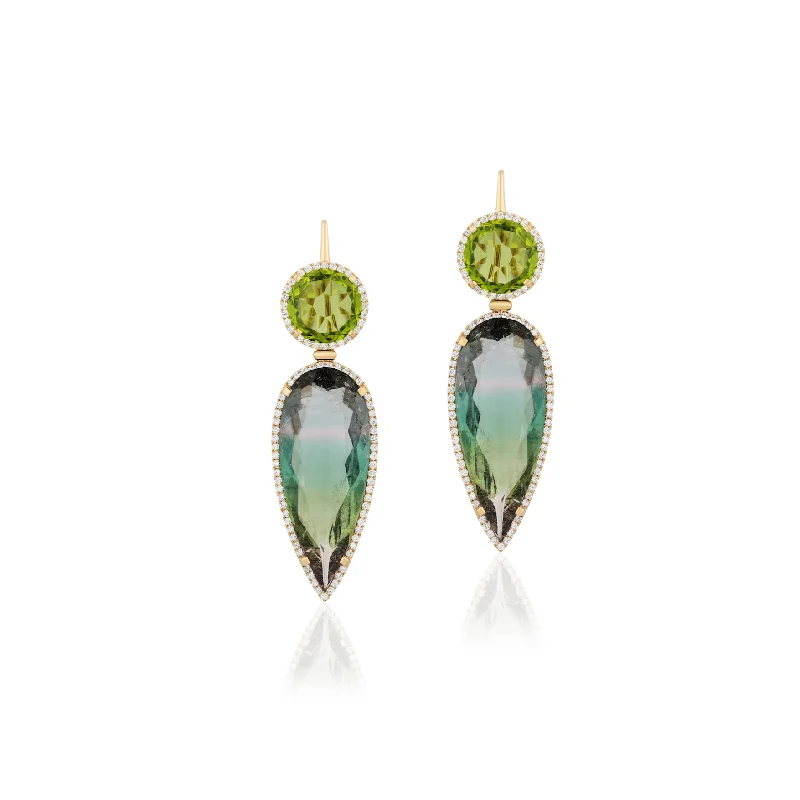 Crystal Drop Earrings for Sparkle -Peridot & Watermelon Tourmaline Grasshopper Earring with Diamonds