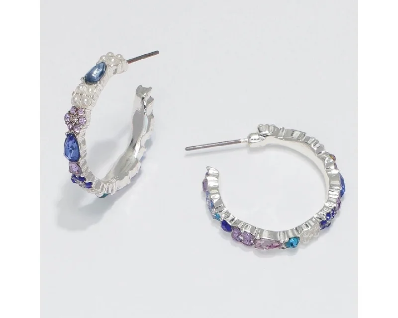 Hypoallergenic Drop Earrings for Sensitive -Periwinkle by Barlow : Silver Hoops Studded with pearls and cool Blue Crystals - Earrings