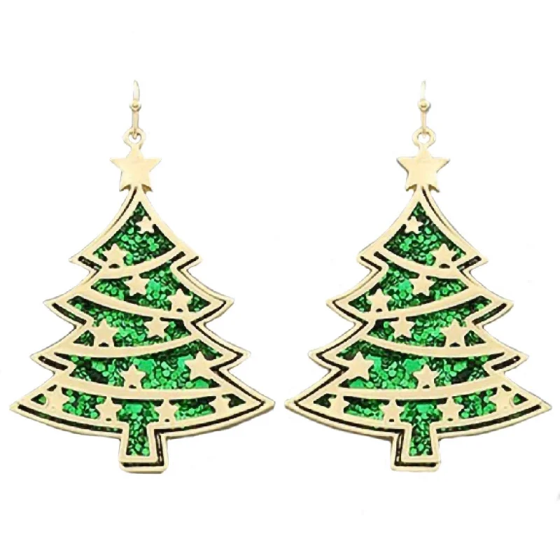 Large Drop Earrings for Statement -Periwinkle by Barlow : Green Glitter Christmas Tree Earrings With Gold Star- Earrings