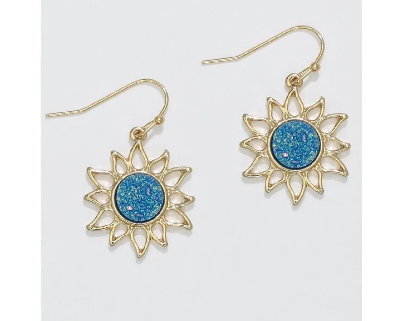 Drop Earrings for Gym Workout -Periwinkle by Barlow :  Gold Suns with Blue Druzy centers - Earrings