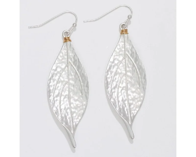 Drop Earrings with Abstract Designs -Periwinkle by Barlow : Matte Silver Leaves with Gold Wire Wrap - Earrings