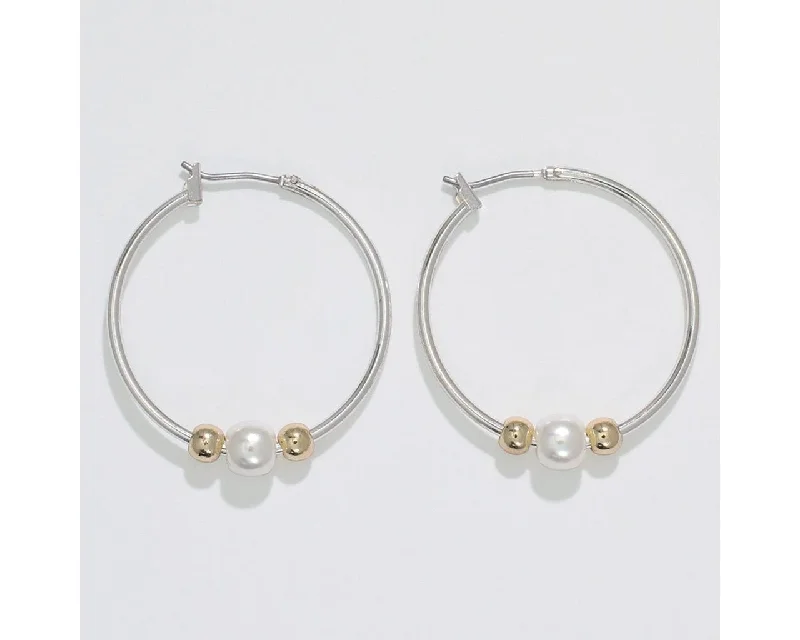 Drop Earrings for Casual Outfit -Periwinkle by Barlow : Silver hoops with gold & pearls - Earrings