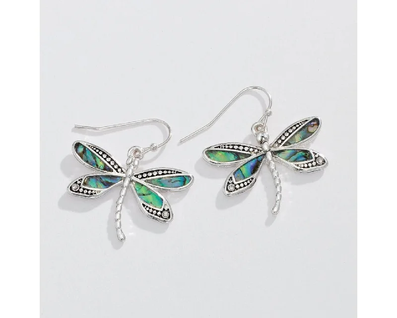 Drop Earrings for Engagement Party -Periwinkle by Barlow : Silver dragonflies with abalone - Earrings