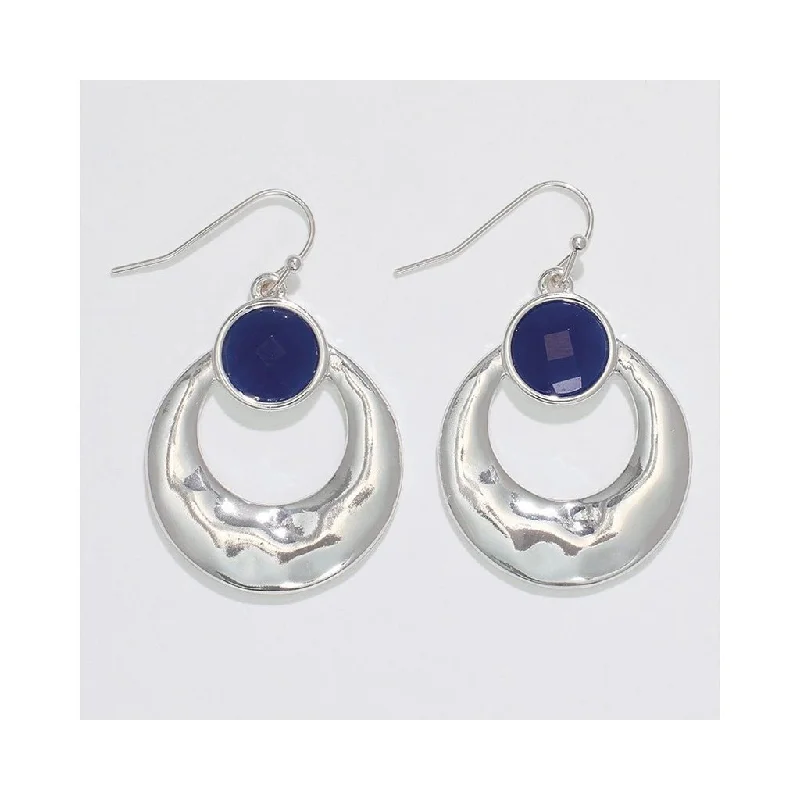 Drop Earrings with Embossed Patterns -Periwinkle by Barlow :  Silver drops with faceted Navy Crystals - Earrings