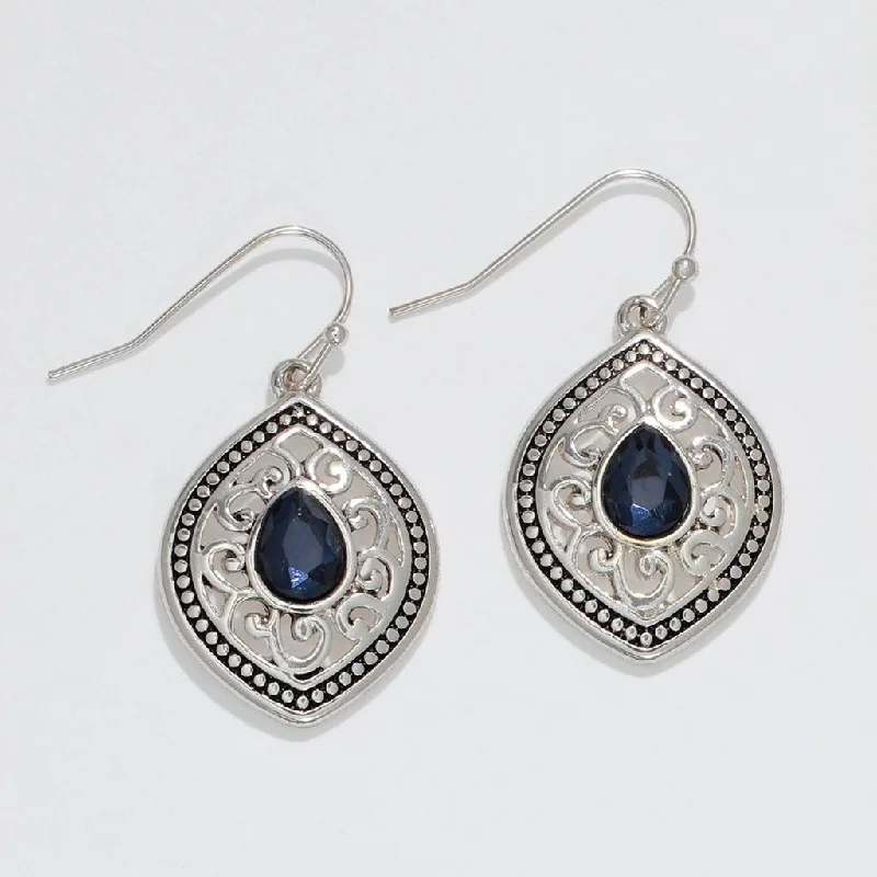 Drop Earrings for Concert Look -Periwinkle by Barlow : Silver Filigree with Navy Faceted Gems - Earrings