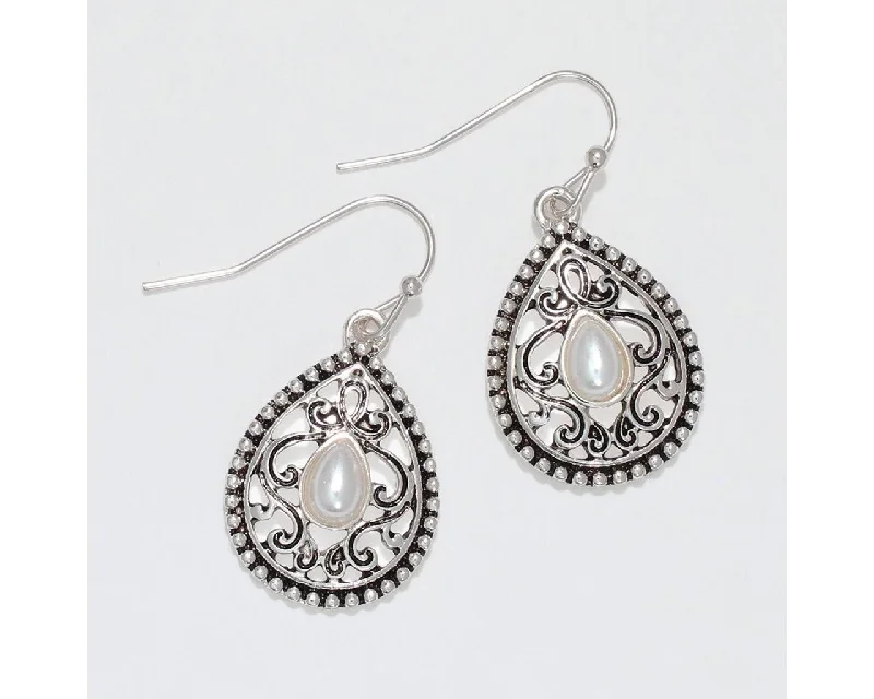 Drop Earrings for Christmas Party -Periwinkle by Barlow : Silver filigree with pearls- Earrings