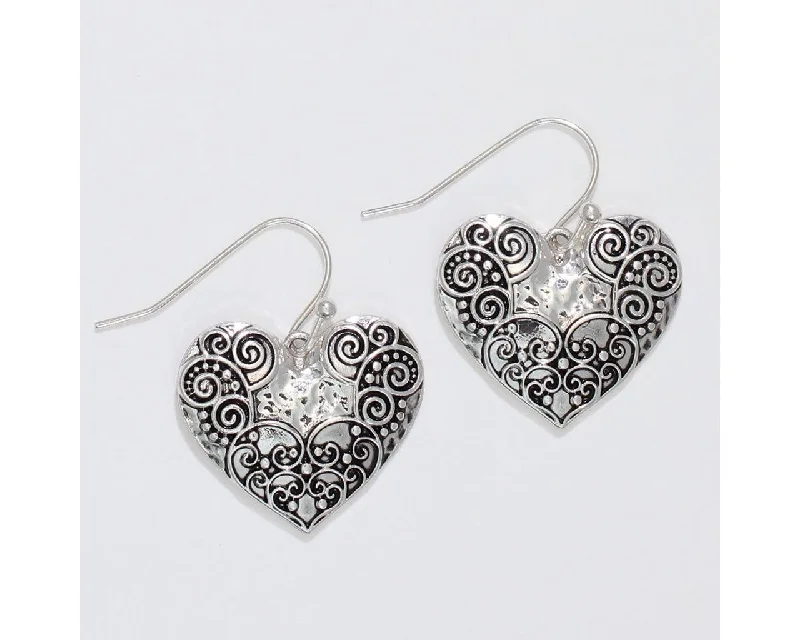 Drop Earrings for Wedding Ceremony -Periwinkle by Barlow : Silver Hearts with Scroll Detail - Earrings