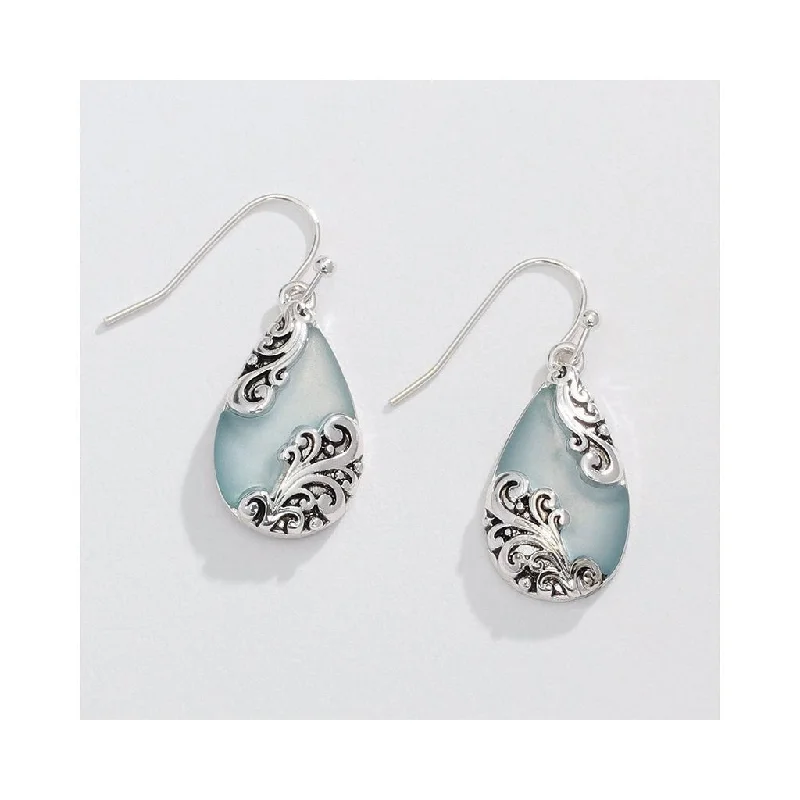 Drop Earrings with Debossed Designs -Periwinkle by Barlow : Soft blue resin drop with silver filigree Earrings