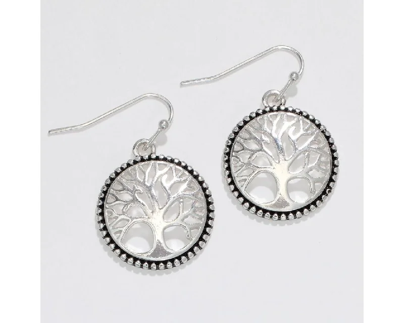 Drop Earrings for Office Wear -Periwinkle by Barlow : Silver Tree of Life with Accented Edges - Earrings