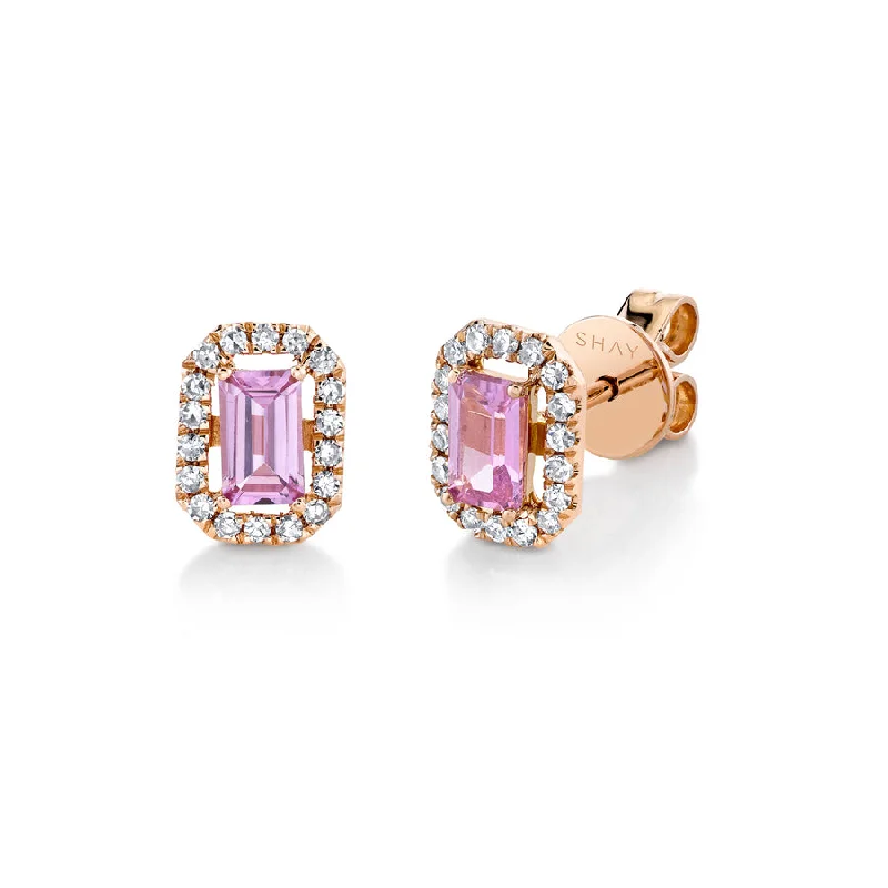 Drop Earrings with Polished Shine -Pink Sapphire Stud Earrings with Diamond Halo