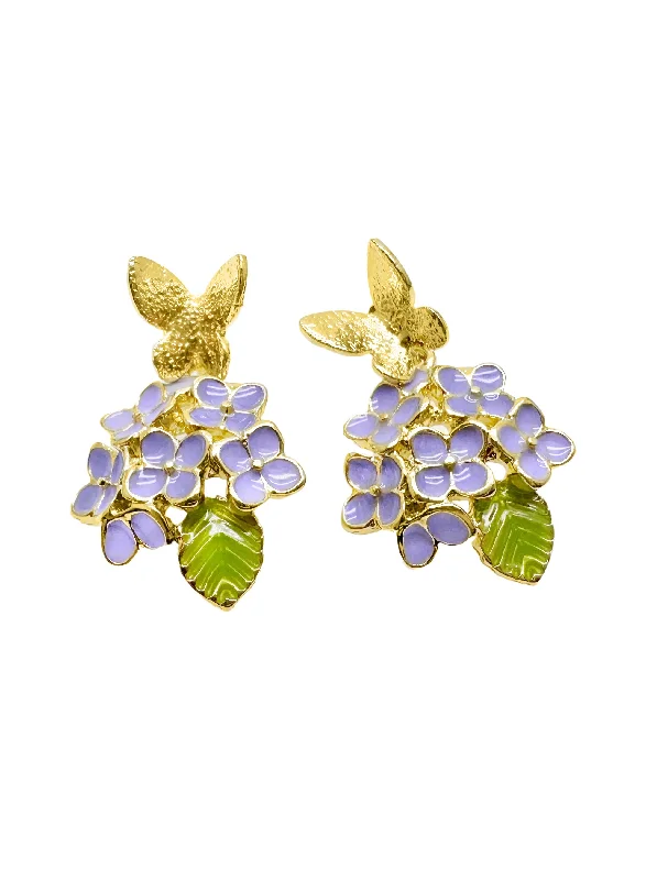 Drop Earrings for Anniversary -Purple Flower with Butterfly Stud Earrings LE016