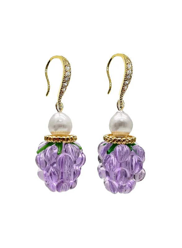 Drop Earrings for Casual Outfit -Purple Glass Raspberry with Freshwater Pearls Earrings LE015