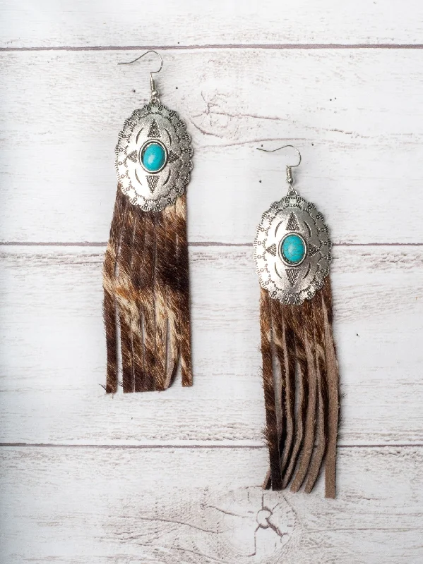 Drop Earrings with Abstract Designs -REBEL LIKE REBA TURQUOISE CONCHO WITH BROWN COWHIDE FRINGE EARRINGS