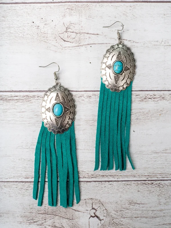 Drop Earrings with Symbolic Elements -REBEL LIKE REBA TURQUOISE CONCHO WITH TURQUOISE FRINGE EARRINGS