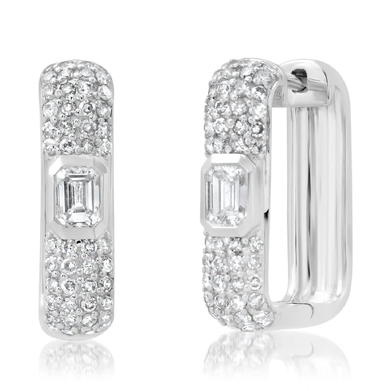 Retro Drop Earrings for Nostalgia -Rectangular Diamond Pave Huggies With Bezel Set Emerald Cut Diamond