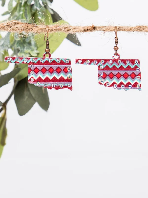 Hippie Drop Earrings with Beads -Red Aztec Print Oklahoma Earrings with AB Crystals