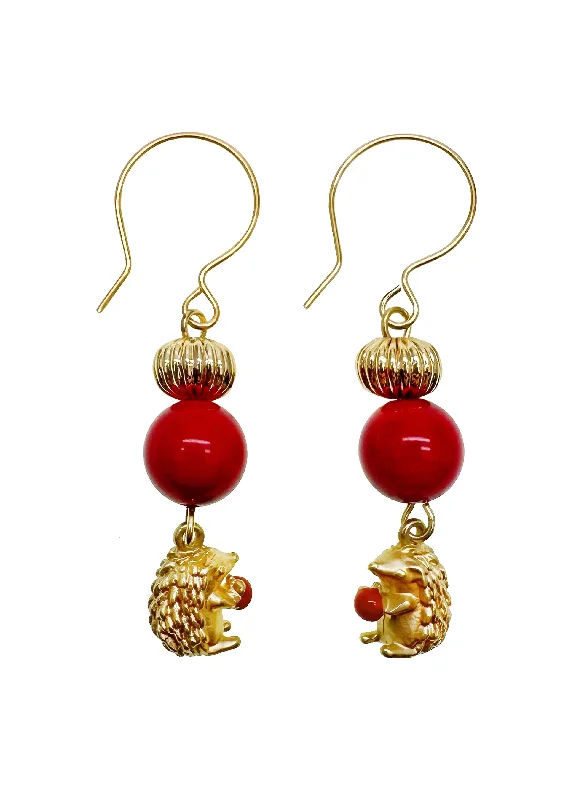 Drop Earrings with Abstract Designs -Red Bamboo With Hedgehog Dangle Earrings KE030