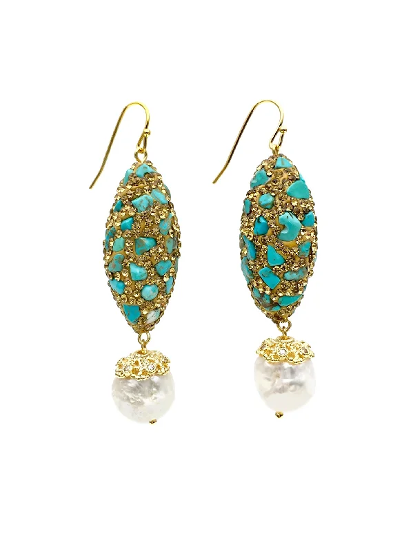 Ethnic Drop Earrings with Tribal Design -Rhinestone bordered turquoise with freshwater pearls Earrings AE019