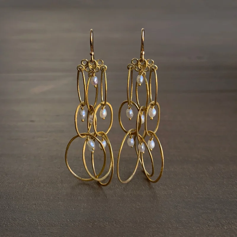 Drop Earrings with Matte Finish -Long Layered Gold Earrings with Pearl Details