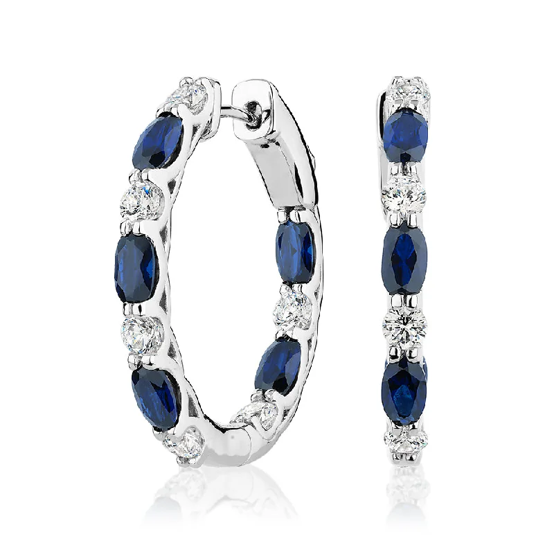 Geometric Drop Earrings for Trend -Round Brilliant and Oval hoop earrings with sapphire simulants and 1.32 carats* of diamond simulants