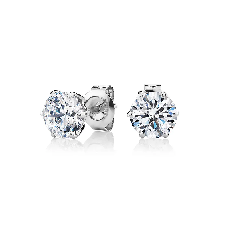 Drop Earrings for Work Attire -Round Brilliant stud earrings with 2 carats* of diamond simulants in 10 carat white gold