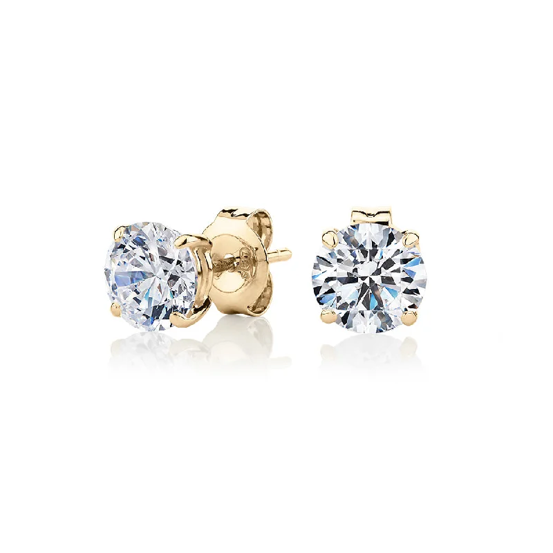 Drop Earrings for Casual Outfit -Round Brilliant stud earrings with 2 carats* of diamond simulants in 10 carat yellow gold