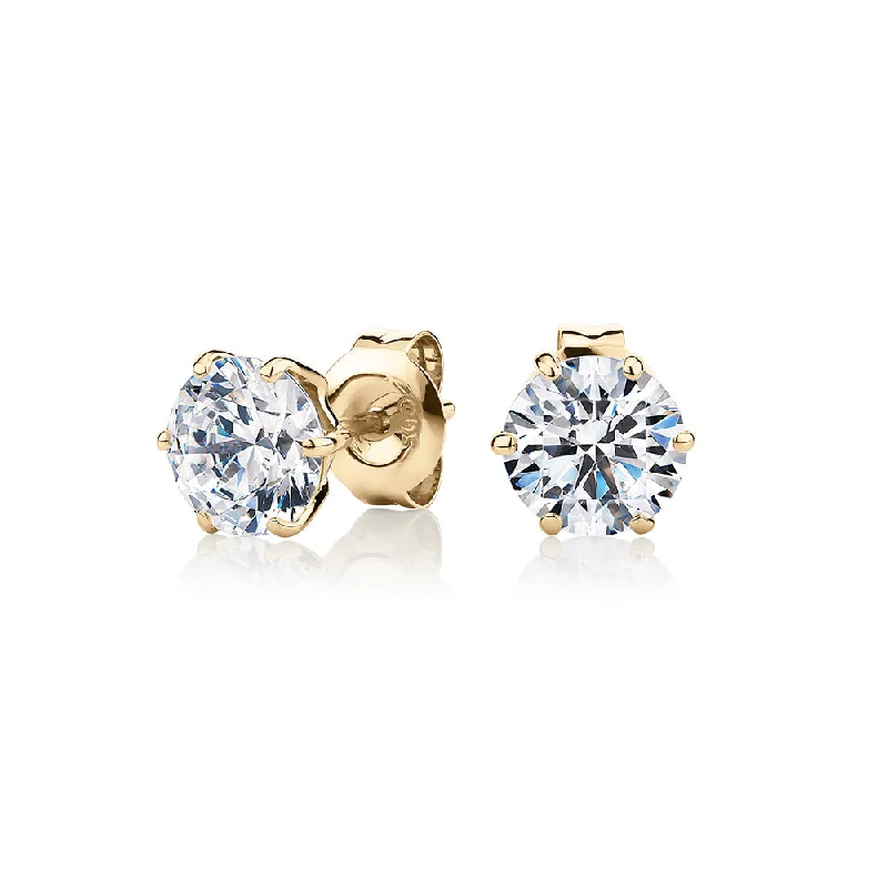 Drop Earrings with Floral Motifs -Round Brilliant stud earrings with 2 carats* of diamond simulants in 10 carat yellow gold