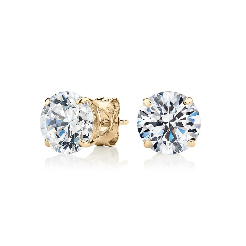 Drop Earrings with Crown Designs -Round Brilliant stud earrings with 4 carats* of diamond simulants in 10 carat yellow gold