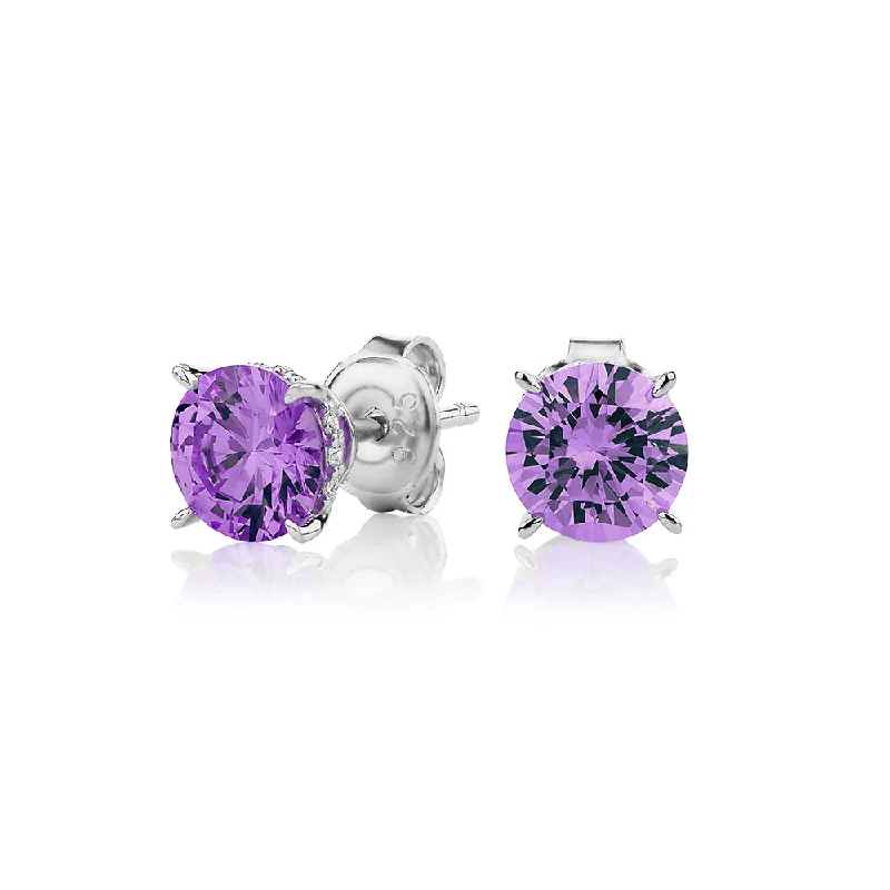 Silver Drop Earrings for Men -Round Brilliant stud earrings with amethyst simulants in sterling silver