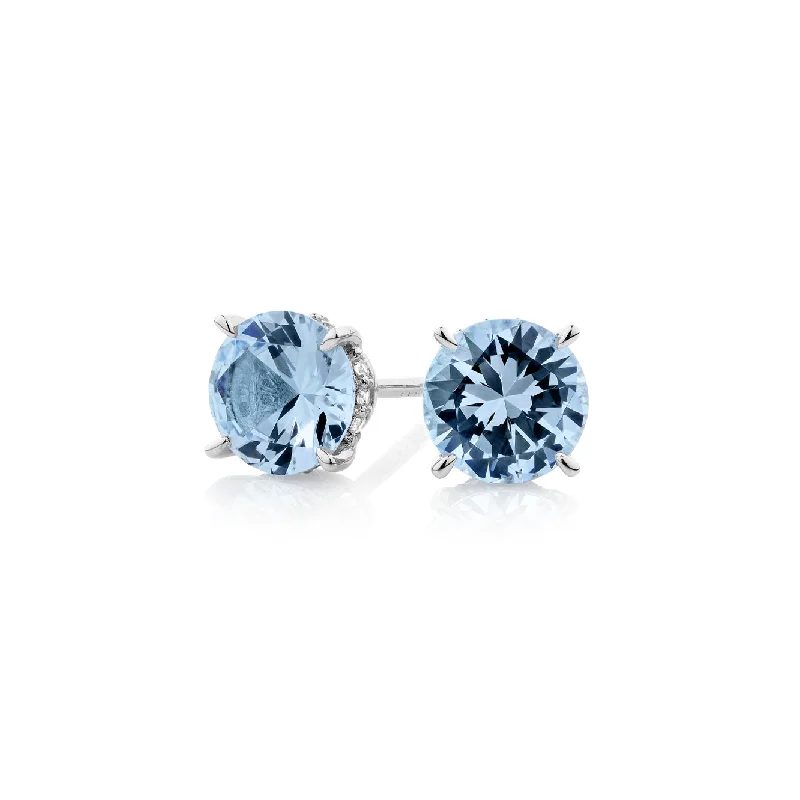 Drop Earrings for Party Look -Round Brilliant stud earrings with blue topaz simulants in sterling silver