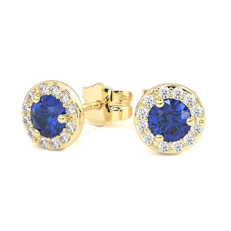 Drop Earrings with Debossed Designs -Round Sapphire with Diamond Halo Stud Earrings