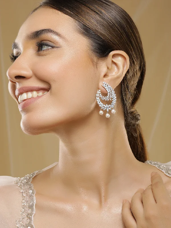 Drop Earrings for Festival Style -Rubans Rhodium-Plated Cubic Zirconia Studded Statement Crescent Earrings with Pearl Drops