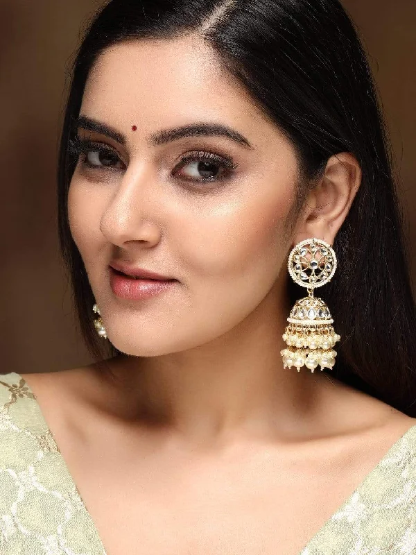 Magnetic Closure Drop Earrings for Easy -Rubans 24K Gold Plated Handcrafted Kundan with White perals Jhumka Earrings