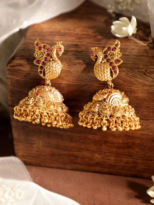 Drop Earrings with Floral Motifs -Rubans Celestial Plumage 22k Gold plated Jhumka Earrings with Peacock Charm