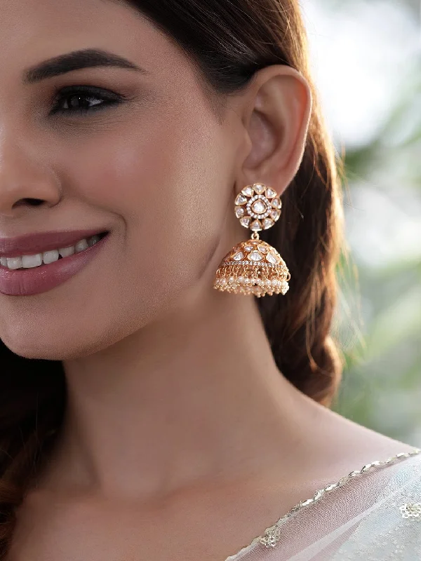 Drop Earrings with Keyhole Designs -Rubans Ethereal Elegance White Beaded jhumka Earrings with Polki and Zircons