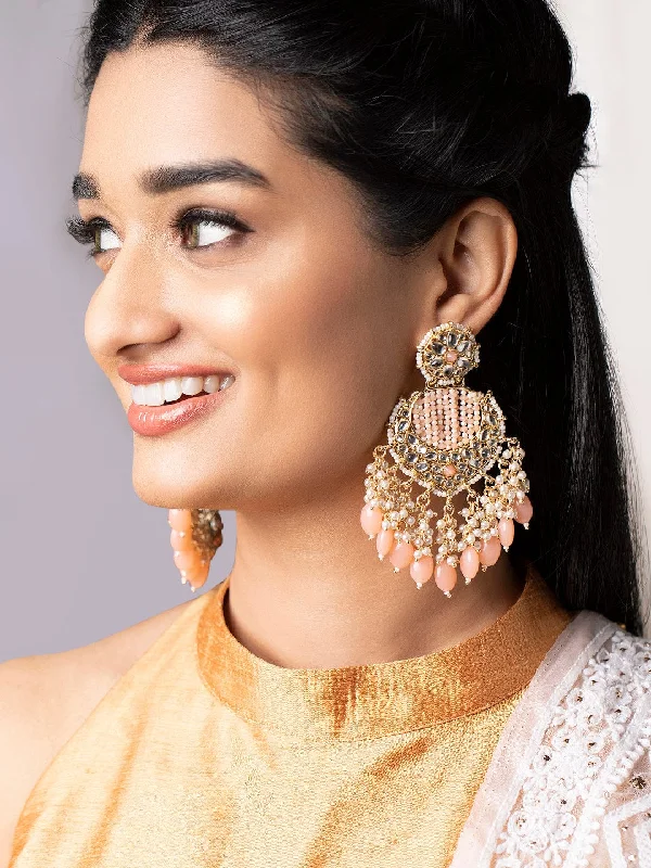 Floral Drop Earrings with Petals -Rubans Gold Plated Chandbali Earrings With Golden And Pink Beads