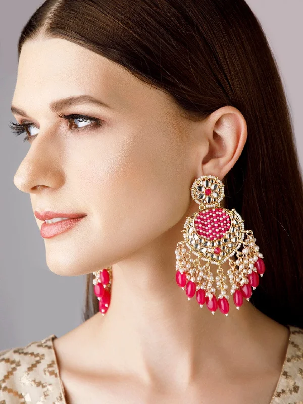 Bohemian Drop Earrings with Tassels -Rubans Gold Plated Chandbali Earrings With Pink And White Beads