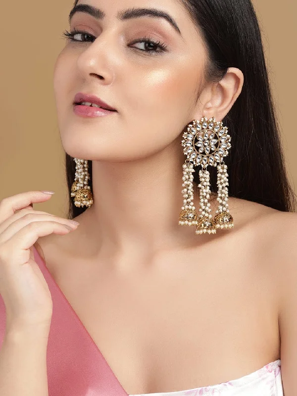 Waterproof Drop Earrings for Outdoor -Rubans Gold Plated Handcrafted Kundan with Pearls Embellished Multi Jhumka Earrings