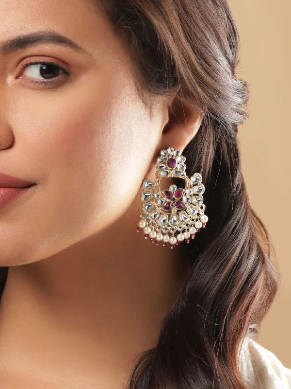 Diamond Drop Earrings for Luxury -Rubans Gold Toned Chandbali Earrings with Stones and Beads