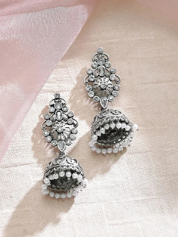 Indian Drop Earrings with Intricacy -Rubans Handcrafted Oxidized Jhamka Earrings With White Stones and Pearls