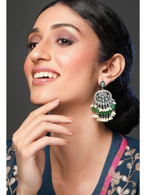 Clip On Drop Earrings for Non Pierced -Rubans Kundan Green Enamel with Beads Silver Plated Hancrafted Chandbali Earrings