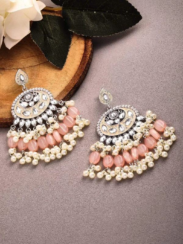 Push Back Drop Earrings for Convenience -Rubans Kundan Peach Enamel with Beads Silver Plated Handcrafted Chandbali Earrings