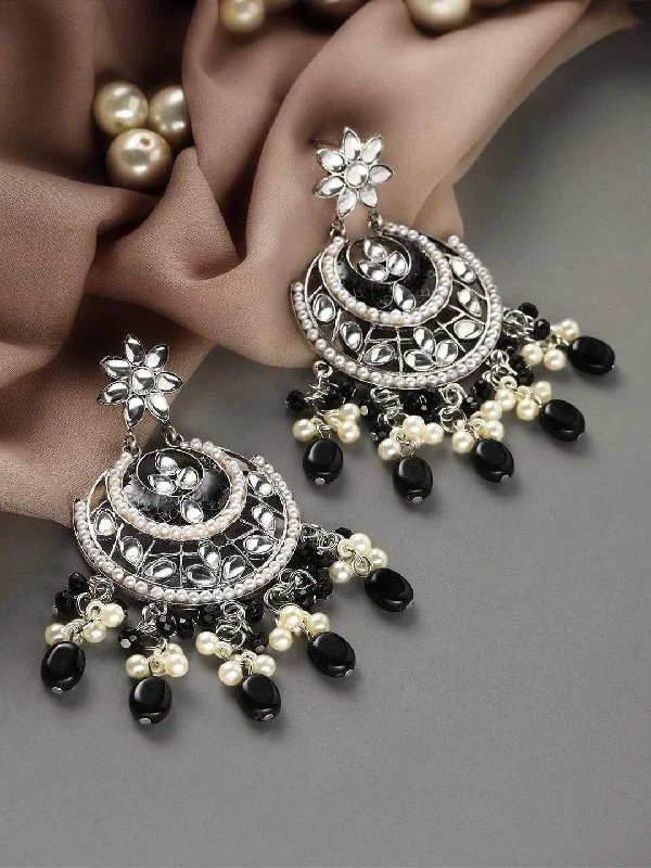 Leverback Drop Earrings for Comfort -Rubans Kundan with Grey Beads Silver Plated Hancrafted Chandbali Earrings