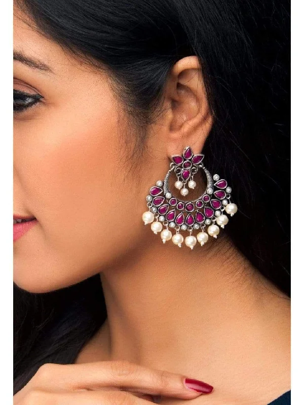 Drop Earrings with Enamel Coating -Rubans Oxidised Silver Toned Faux Ruby Studded Embellished With Pearl Chandbali Earrings