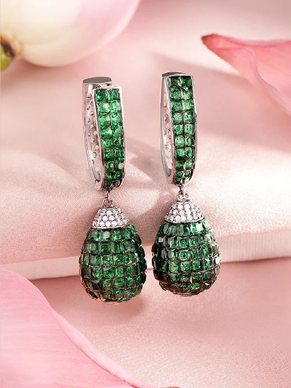 Large Drop Earrings for Statement -Rubans Rhodium Plated Emerald Green Pave Studded Hoop With Drop Dangle Earrings